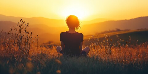 A silhouette meditates in a golden field during sunrise, capturing the essence of peace and introspection.