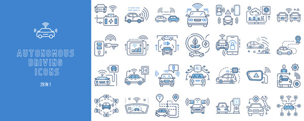 Autonomous driving icons set in blue line art style on white background