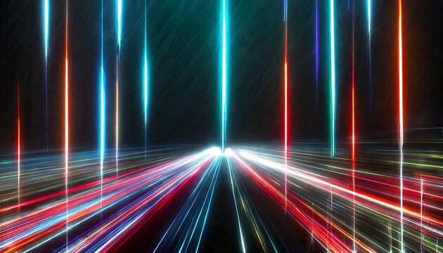 Colorful light rays creating a dynamic burst effect in an abstract digital representation during nighttime