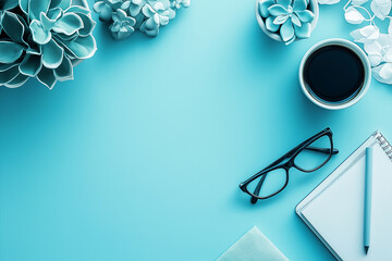 Neat workspace featuring eyeglasses, coffee, and notes on a pastel blue surface signifies modern professionalism and creativity.