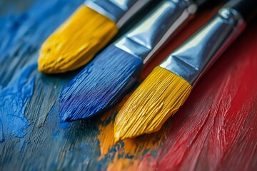 Fototapeta premium Three paintbrushes coated with vibrant blue and yellow paint on a textured canvas backdrop.
