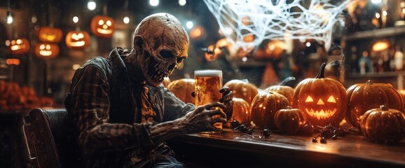 A zombie with a beer in hand, sitting at a bar table full of Halloween pumpkins and spider web decorations in the background, in a night scene, in a horror style, with a Halloween