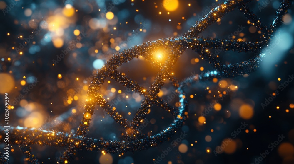 Fototapete abstract background with dna and glowing particles. 3d rendering of a double helix for a dslr camera
