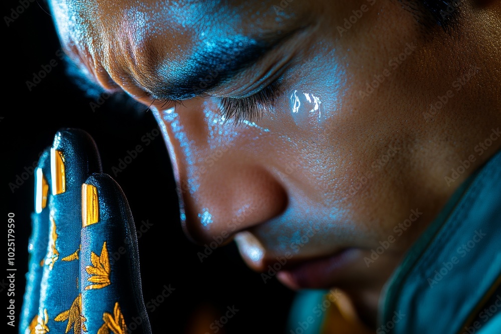 Poster hyper-realistic close-up of a tear falling from a soldierâ€™s face as they salute a fallen comrade, 