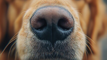   Dog's close-up nose, focused on camera, blurry background