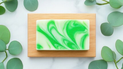 Natural Soap Bar Infused with Spirulina Featuring a Marbled Green and White Pattern on Wooden Tray with Eucalyptus Leaves