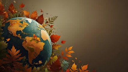 A stylized globe with lush autumnal greenery and a small bird, symbolizing nature's beauty and seasonal change. AI-Generated	