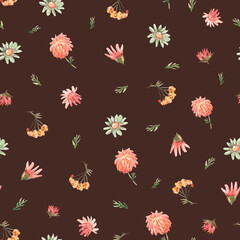Fototapeta premium Watercolor Cottagecore Autumn Seamless Pattern Vintage Flowers