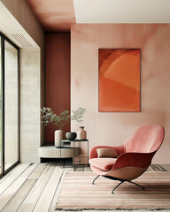 Minimalist interior design of modern living room. Stylish modern room featuring a pink armchair, abstract orange wall art and minimalist decor with natural light.
