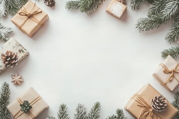 Christmas frame background with decoration, gift boxes and pine branches on white table top view
