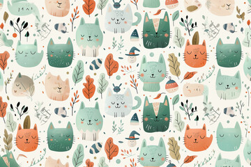 seamless pattern with doodle cats and autumn leaves in pale green and orange pastel hues