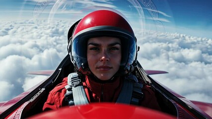 Female pilot wearing a red helmet flying above clouds, representing adventure and empowerment