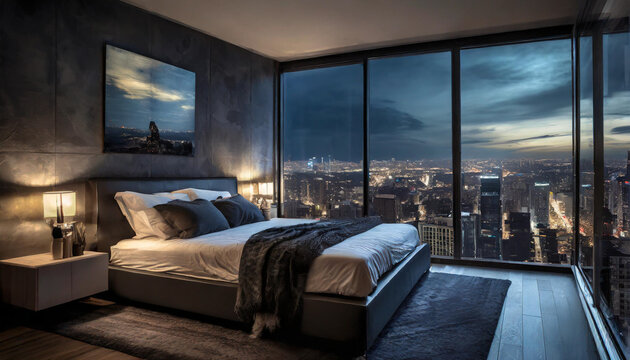 Elegant modern bedroom with city skyline view at dusk, featuring large windows and stylish decor