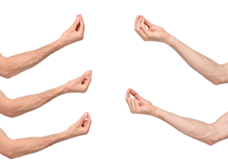 Male hands showing Italian “finger purse” or “pinched fingers” gesture by gathering fingers with tips touching and pointing upward, isolated on transparent background, png file