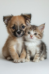 Obraz premium A cute kitten and puppy sitting together on a white background, looking at the camera