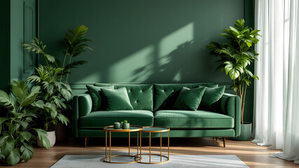 This thoughtfully appointed living room showcases a rich green color scheme, a plush velvet sofa, and lush indoor plants, creating an inviting and tranquil atmosphere.