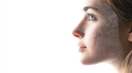 Profile view of a woman's face with digital facial recognition grid overlay, symbolizing biometrics and advanced technology.