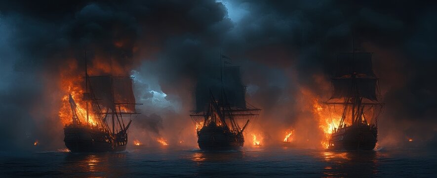 Three majestic pirate ships burning at sea, ominous and dramatic lighting, detailed ship design, epic ocean background, high resolution