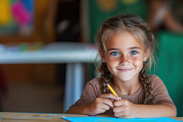 Smiling 6 year old girl with blue eyes and light brown hair braided into one braid holds pencil in hand, school desk in classroom, place for concept about importance of preschool education