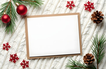 Fototapeta premium top view of blank card with kraft frame surrounded by christmas holiday decorations on cozy knitted white background