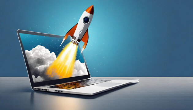 A rocket launches from a laptop screen, symbolizing innovation and technology in a digital space with vibrant colors