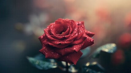 Close-up of Red Rose with Water Droplets and Artistic Blurred Background