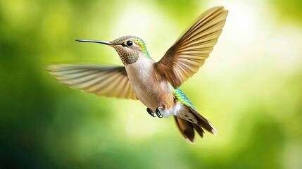 Fototapeta premium Hummingbird flying through air with wings spread, blurry background