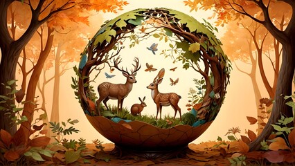A globe with woodland creatures and leaves, featuring an owl above, symbolizing forest charm. AI-Generated	