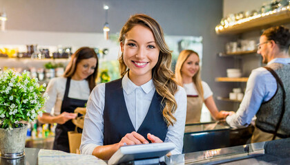 Friendly barista serving customers at a cozy café during the afternoon with warm lighting and stylish decor