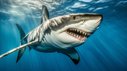 Fototapeta premium Great white shark swimming close to the surface with sunlight filtering through the water, showcasing its powerful and predatory nature.
