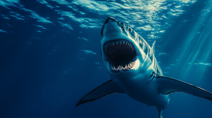 Great white shark swimming close to the surface with sunlight filtering through the water, showcasing its powerful and predatory nature.