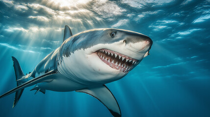 Fototapeta premium Great white shark swimming close to the surface with sunlight filtering through the water, showcasing its powerful and predatory nature.