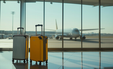 Two suitcases standing by an airport window with a large airplane in the background, conveying travel and anticipation.