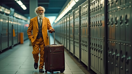 Obraz premium An elderly bearded man in a bright club suit walks with a suitcase near metal boxes in a storage room at a railway station, business trip concept