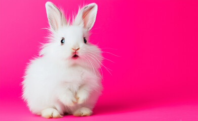 White rabbit with an open mouth, expressing surprise or excitement, set against a bright pink background.