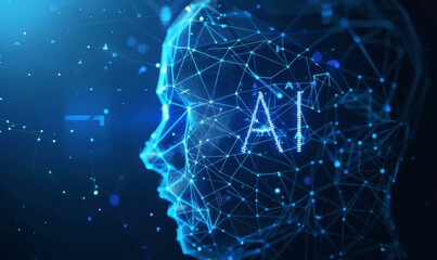 A futuristic image of a human head with the word artificial in it. AI.