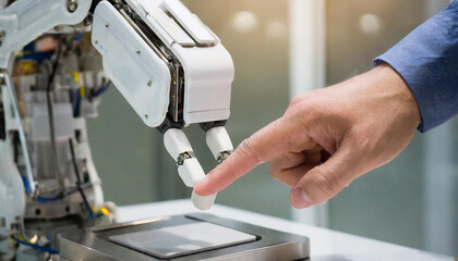 A human finger interacts with a robotic arm in a modern laboratory setting during a technological demonstration