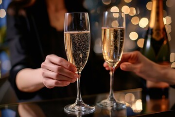 Two people holding champagne flutes with a bottle of wine behind them. AI.