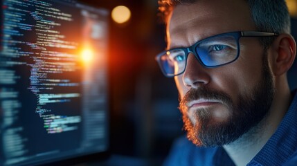 A software developer intensely examines lines of code on his computer screen, illuminated by the warm glow from a nearby light source, in a dimly lit office setting late at night