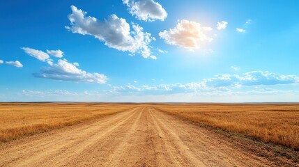 Fototapeta premium A dirt road meanders across vast golden fields, with a clear blue sky above scattered with soft clouds. The sun shines brightly, creating a serene countryside atmosphere