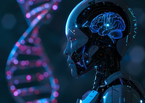 A robot with a brain in front of DNA. AI.