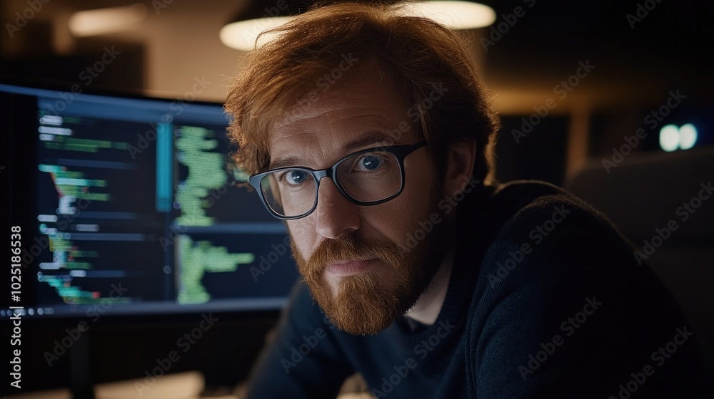 Poster in a quiet office illuminated by soft lights, a programmer with a beard deeply concentrates on codin