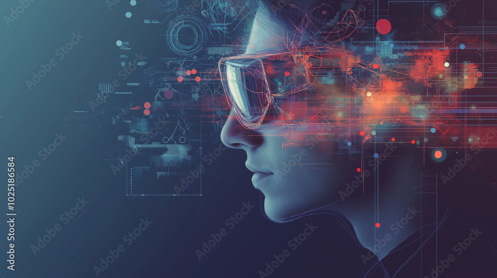 Poster a man in hi-tech vr glasses with elements of artificial intelligence. background in a high-tech styl