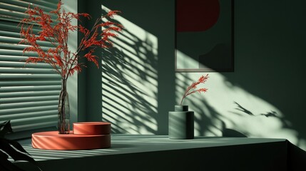 This tranquil indoor space showcases a table adorned with vases holding dried flowers. Shadows from blinds create an interplay of light and pattern, enhancing the room's minimalist aesthetic