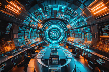 Obraz premium Futuristic Sci-Fi Control Room with Neon Lights 