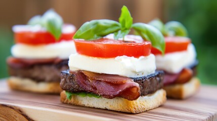 A culinary delight featuring layers of tender beef, slices of fresh tomato, creamy mozzarella, and fragrant basil arranged beautifully on toasted bread