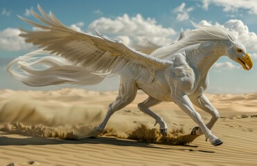 Fototapeta premium A winged horse runs across the desert. AI.