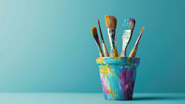 Paintbrushes in a colorful container. AI.