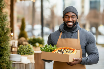 A Food Delivery Driver At The Doorstep, Handing Over A Steaming Hot Pizza To A Smiling Customer, With A Cityscape In The Background