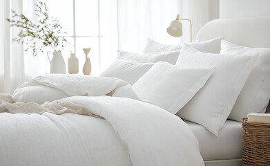 Bright, cozy bedroom with a neatly made bed, white linens, and natural light streaming through a large window.